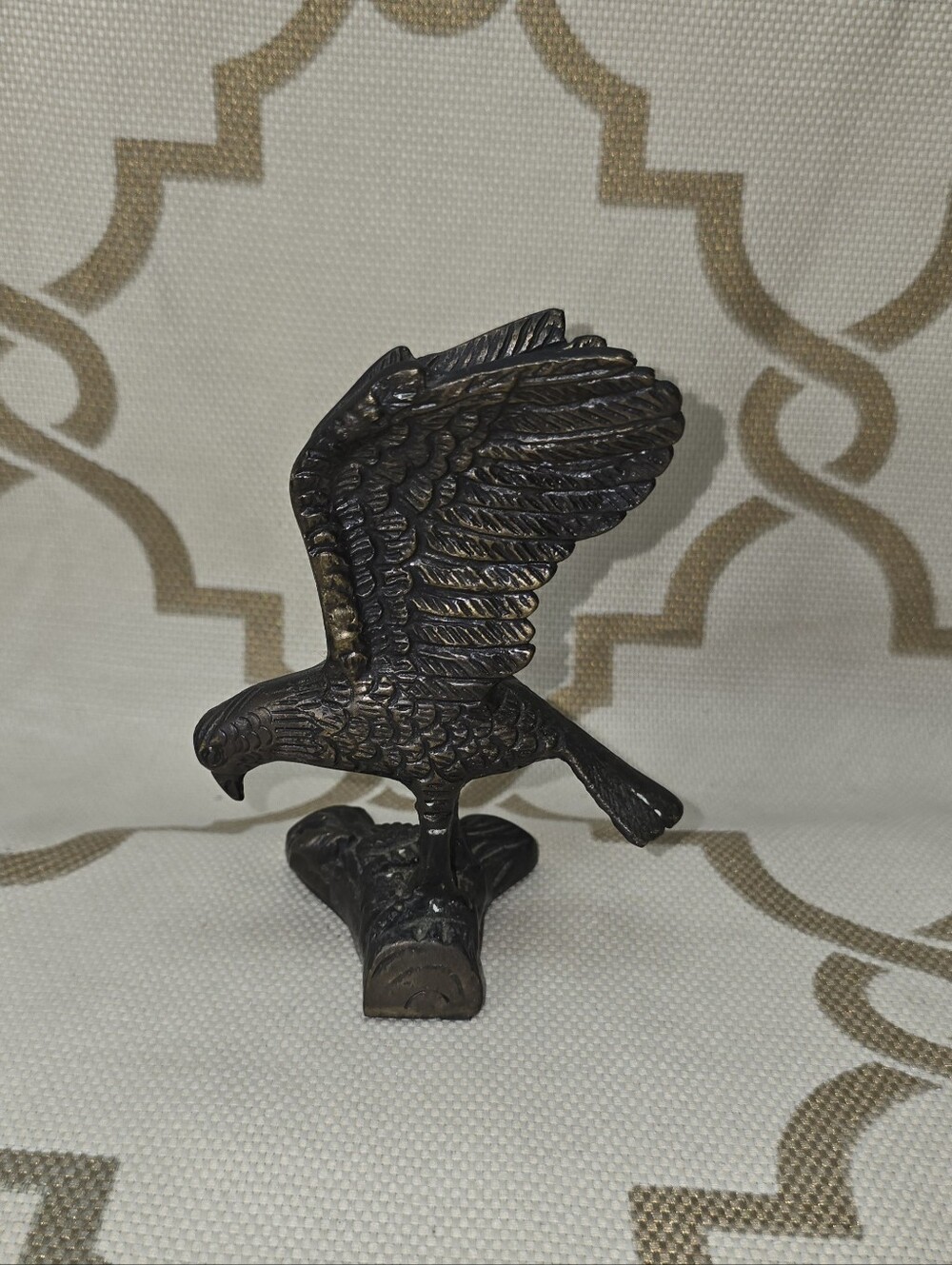 American Bald Eagle Cast Metal Antique Finish Perched on Branch Sculpture